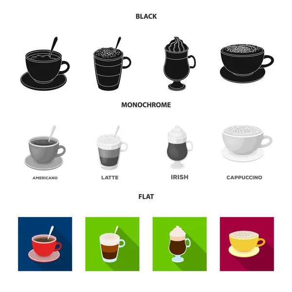 Amerykańska, późno, irlandzki, cappuccino. Różne rodzaje kawy zestaw kolekcji ikon w czarne, płaskie, monochromatyczne styl wektor symbol ilustracji w sieci web. — Wektor stockowy