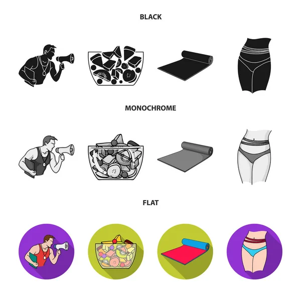 Entrenador personal, ensalada de frutas, esterilla, cintura femenina. Fitnes conjunto de iconos de colección en negro, plano, monocromo estilo vector símbolo stock ilustración web . — Vector de stock