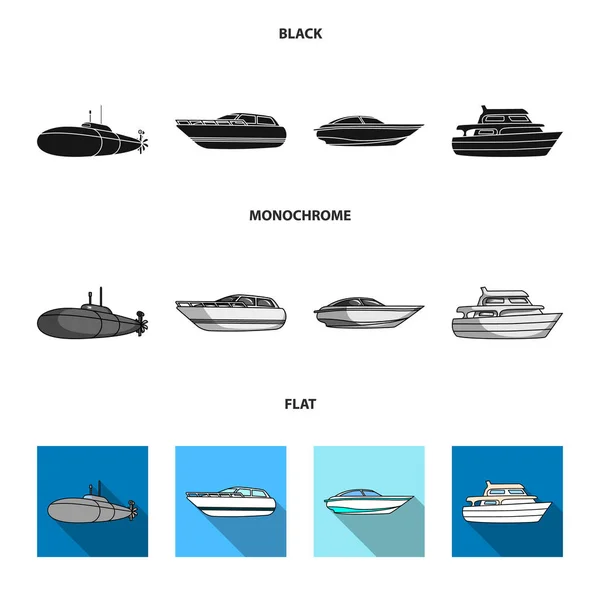 Ένα στρατιωτικό υποβρύχιο, ένα ταχύπλοο, ένα σκάφος αναψυχής και ένα σκάφος πνεύμα. Πλοία και πλωτές μεταφορές στεγάζεται συλλογή εικονιδίων σε μαύρο, επίπεδη, μονόχρωμη στυλ διάνυσμα σύμβολο μετοχής εικονογράφηση web. — Διανυσματικό Αρχείο