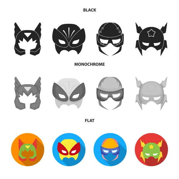 Maschera sulla testa, casco.Maschera super eroe set icone di raccolta in nero, piatto, in stile monocromatico vettore simbolo stock illustrazione web . — Vettoriale Stock
