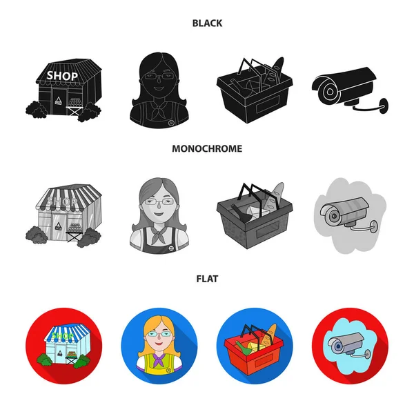 Продавец, женщина, корзина, пластик .Супермаркет набор иконки в черном, плоском, монохромном стиле векторные символы фондового иллюстрации веб . — стоковый вектор