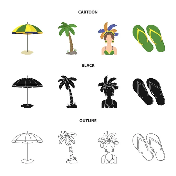 Brésil, pays, parasol, plage. Brésil pays set collection icônes en dessin animé, noir, contour style vectoriel symbole illustration web . — Image vectorielle