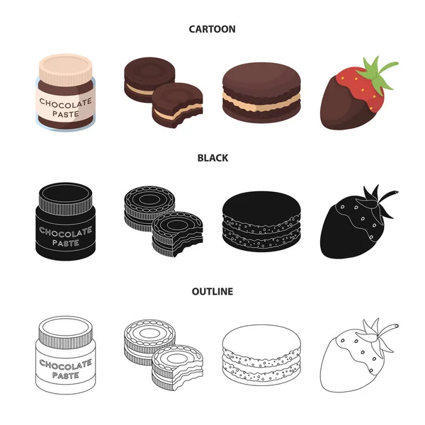 巧克力面食, 饼干, 草莓巧克力, 汉堡包。巧克力甜点集合图标在卡通, 黑色, 轮廓风格矢量符号股票插画网站. — 图库矢量图片