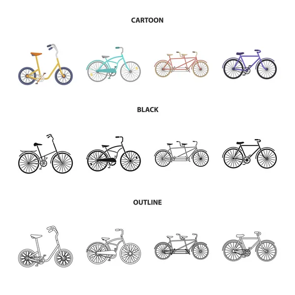 Kinderfahrrad, ein doppeltes Tandem und andere Typen. Verschiedene Fahrräder setzen Sammlungssymbole in Cartoon, Schwarz, Umriss Stil Vektor Symbol Stock Illustration Web. — Stockvektor