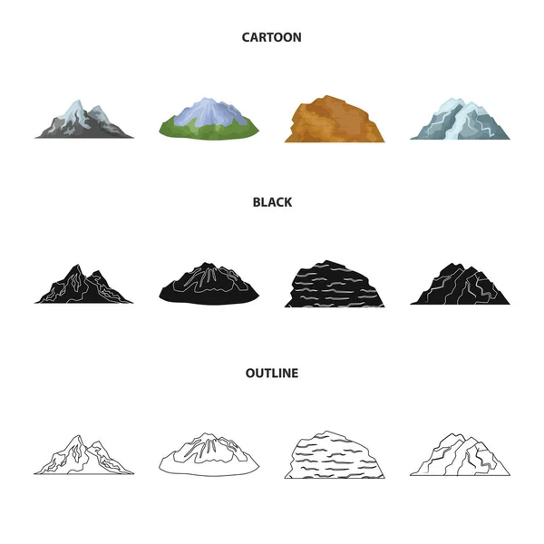 Berg i öknen, en snöig topp, en ö med en glaciär, en snöklädda berg. Olika bergen som samling ikoner i tecknad, svart, disposition stil vektor symbol stock illustration web. — Stock vektor