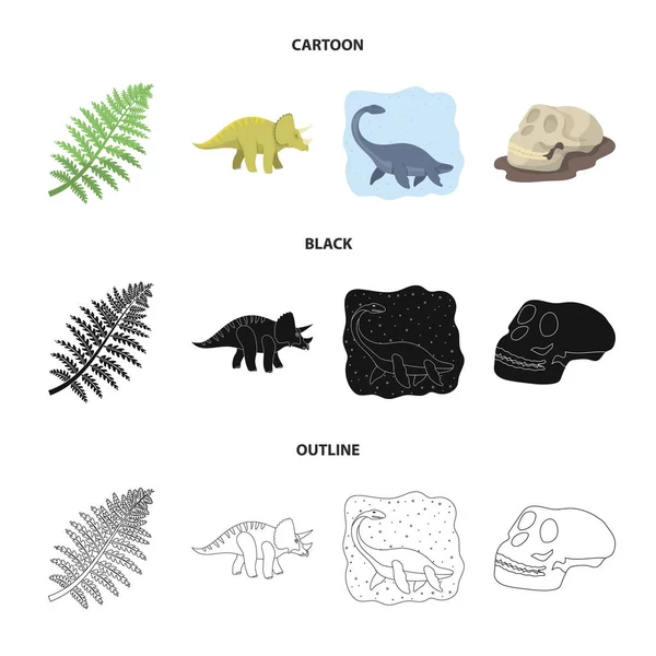 Dinossauro marinho, tricerátops, planta pré-histórica, crânio humano. Dinossauro e período pré-histórico conjunto de ícones de coleção em desenhos animados, preto, estilo esboço vetor símbolo ilustração web . — Vetor de Stock