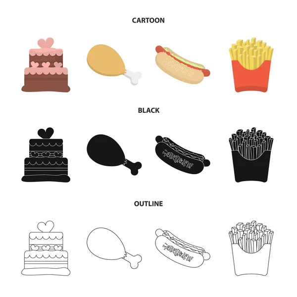 Torta, prosciutto, hot dog, patatine fritte. icone di raccolta fast food set in cartone animato, nero, contorno stile vettore simbolo stock illustrazione web . — Vettoriale Stock