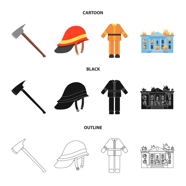 Топор, шлем, униформа, горящее здание. Иконки коллекции наборов пожарных департаментов в паутине для иллюстраций в мультипликационном, черном, очертаниях векторных символов . — стоковый вектор