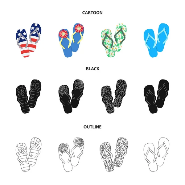 Flip-flops desenhos animados, preto, ícones de contorno na coleção de conjuntos para design. Sapatos de praia símbolo vetorial ilustração web stock . —  Vetores de Stock