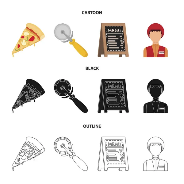 Un tagliapizza, una fetta, un menù in pizzeria, un corriere. Set pizza e pizzeria icone di raccolta in cartone animato, nero, contorno stile vettore simbolo stock illustrazione web . — Vettoriale Stock