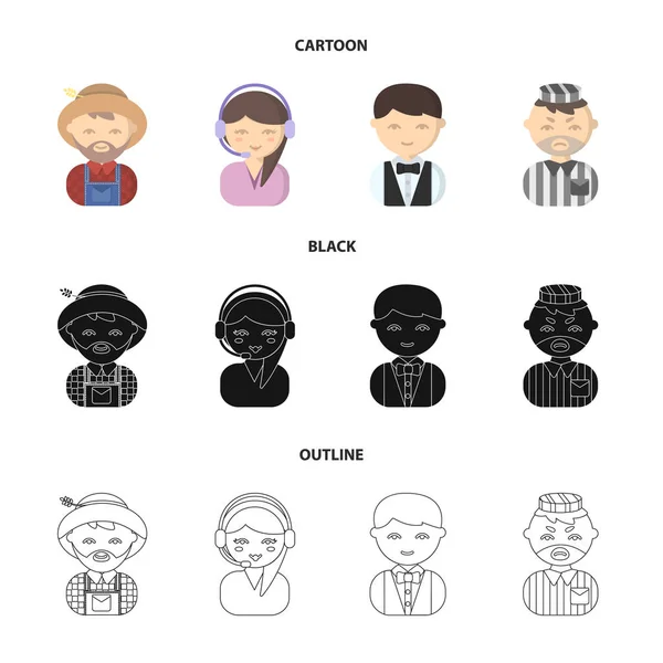 Farmer, operator, waiter, prisoner.Profession set collection icons in cartoon,black,outline style vector symbol stock illustration web. — Stock Vector