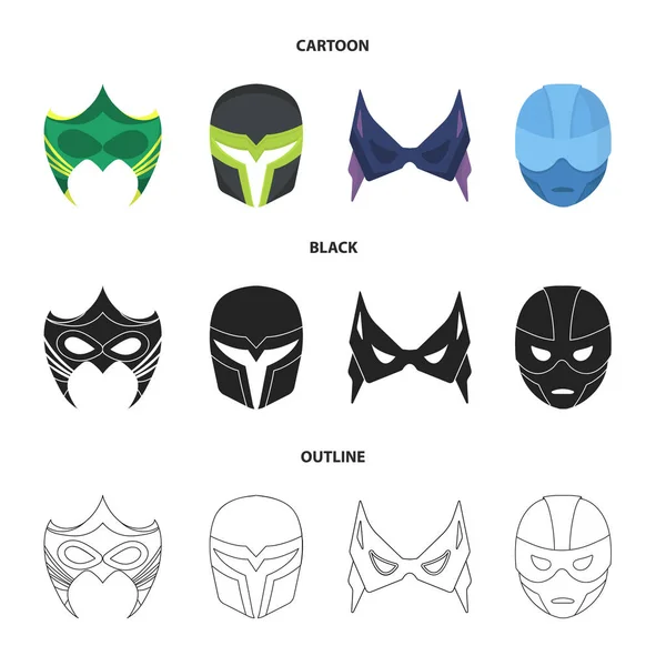 Маска на голове и глазах. Super Hero Mask набор иконок коллекции в мультфильме, черный, очертания стиль векторного символа символа фондового иллюстрации веб . — стоковый вектор