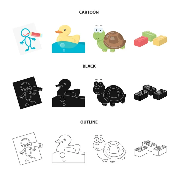 Kinder spielzeug cartoon, schwarz, umriss-symbole in set-kollektion für design. Spiel und Bauble Vektor Symbol Stock Web Illustration. — Stockvektor