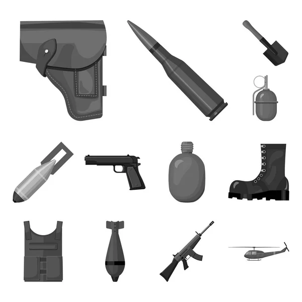 Ícones monocromáticos do exército e do armamento na coleção de conjuntos para design. Ilustração da web de estoque de símbolos vetoriais de armas e equipamentos . —  Vetores de Stock