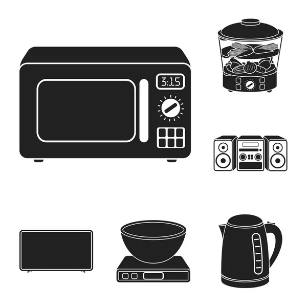 Tipos de eletrodomésticos ícones pretos na coleção de conjuntos para design.Equipamento de cozinha símbolo vetorial ilustração web stock . — Vetor de Stock