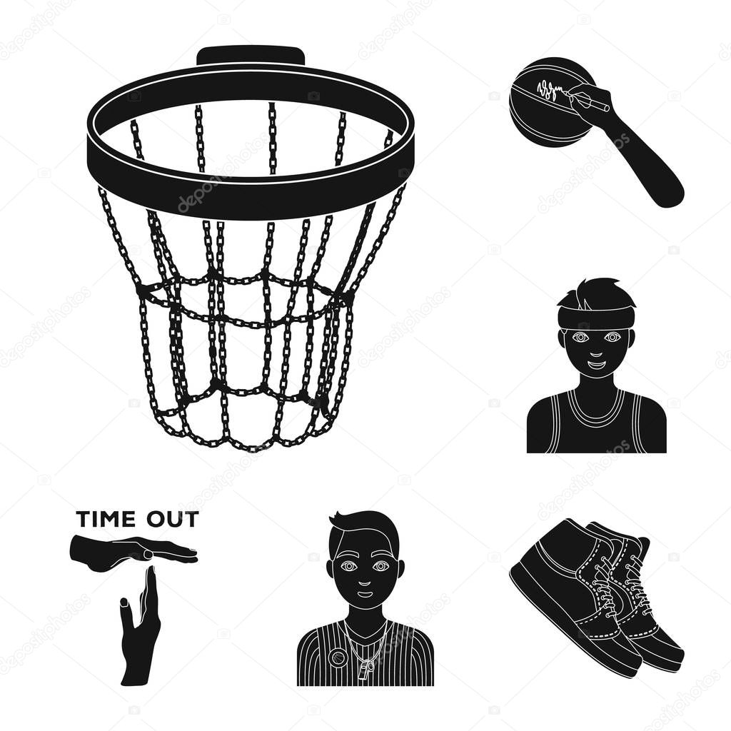 Basketball and attributes black icons in set collection for design.Basketball player and equipment vector symbol stock  illustration.