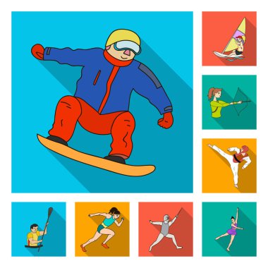 Dizayn için set koleksiyonunda farklı spor düz simgeleri var. Sporcu ve yarışmalar vektör sembolü web illüstrasyonu.
