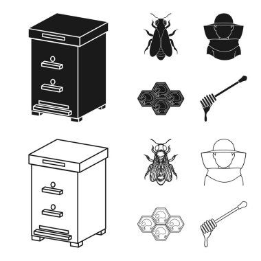 Arı, arıcı maskesi, bal peteği. Arı kovanı toplama simgeler siyah, anahat stili vektör simge stok çizim web içinde ayarla..