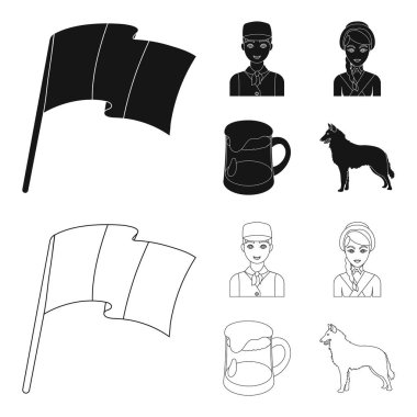 Ulusal bayrak, Belçikalılar ve ülkenin diğer simgeler. Belçika toplama simgeler siyah, anahat stili vektör simge stok çizim web içinde ayarla..