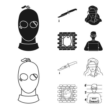 Bir hırsız bir maske, kanlı bir bıçak, bir rehine, hapishaneden kaçış. Suç toplama simgeler siyah, anahat stili vektör simge stok çizim web içinde ayarla..