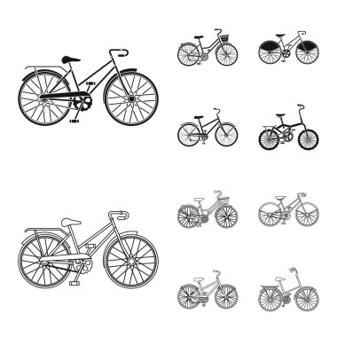 Spor motor ve diğer türleri. Farklı bisiklet toplama simgeler siyah, anahat stili vektör simge stok çizim web içinde ayarla..