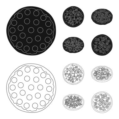 Et, peynir ve diğer dolgu pizza. Farklı pizza toplama simgeler siyah, anahat stili vektör simge stok çizim web içinde ayarla..