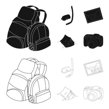 Seyahat, tatil, sırt çantası, Bagaj. Aile tatil toplama simgeler siyah, anahat stili vektör simge stok çizim web içinde ayarla..