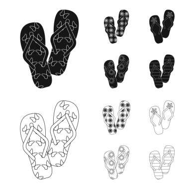 Parmak arası terlik siyah, set koleksiyonu tasarım için anahat simgeleri. Beach ayakkabı sembol stok web illüstrasyon vektör.