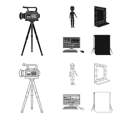 Bir film kamera, özel efektler için bir takım elbise ve diğer ekipmanlar. Toplama simgeler siyah, anahat stili vektör simge stok çizim web içinde ayarla film yapma.