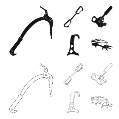 Bir buz balta, bir karabina ve diğer ekipmanlar. Dağcılık toplama simgeler siyah, anahat stili vektör simge stok çizim web içinde ayarla..