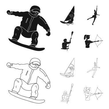 Snowboard, sörf yelken, buz pateni, Kayak bul. Olimpik spor toplama simgeler siyah, anahat stili vektör simge stok çizim web içinde ayarla..
