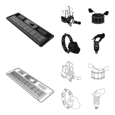 Synthesizer melodiler, gayda skoç ve diğer web simge siyah stil anahat. davul, davul, tef el Icons set koleksiyonu.