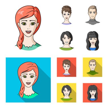 Gençlerin farklı görünüyor. Avatar ve yüz toplama simgeler çizgi film, düz stil vektör simge stok çizim web ayarla.