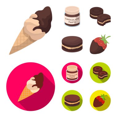 Çikolatalı pasta, bisküvi, çilek, çikolata, hamburger. Çikolatalı tatlılar toplama simgeler çizgi film, düz stil vektör simge stok çizim web ayarla..