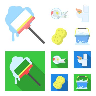 Temizlik ve hizmetçi çizgi film, düz simgeler toplama tasarımı için ayarlayın. Vektör simge stok web illüstrasyon Temizleme için donatım.