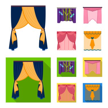 Nakış, tekstil, mobilya ve diğer web simgesi karikatür, düz stil. Perdeler, sopa, kornişler, küme koleksiyon simgeler.