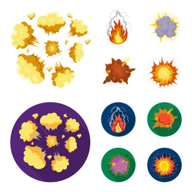 Alevi, kıvılcım, hidrojen parçaları, atomik ya da gaz patlaması, fırtına, güneş patlaması. Patlamalar toplama simgeler çizgi film, düz stil vektör simge stok çizim web ayarla..