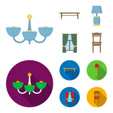 Bir sehpa, bir lamba, perdeler, bir sandalye. Mobilya toplama simgeler çizgi film, düz stil vektör simge stok çizim web ayarla..