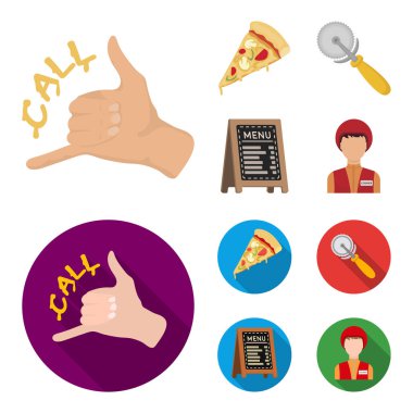 Bir pizza kesici, bir dilim, bir menüde bir pizzacı, bir kurye. Pizza ve pizza çizgi film, düz stil vektör simge stok çizim web simgeler ayarla.