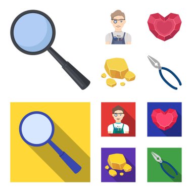 Kuyumcu, pense, altın cevheri, kalp şeklinde lal. Değerli mineraller ve kuyumcu çizgi film, düz stil vektör simge stok çizim web simgeler ayarla.