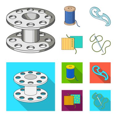 Bir makara ile konu, bir iğne, bir curl, kumaş dikiş. Dikiş veya araçları terzilik çizgi film, düz stil vektör simge stok çizim web simgeler ayarla.