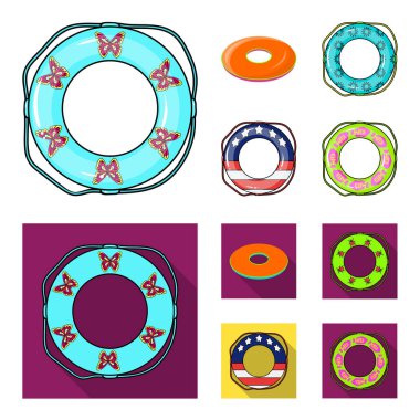 Çok renkli Yüzme daire çizgi film, set koleksiyonu tasarım için düz simgeler. Farklı lifebuoys sembol stok web illüstrasyon vektör.