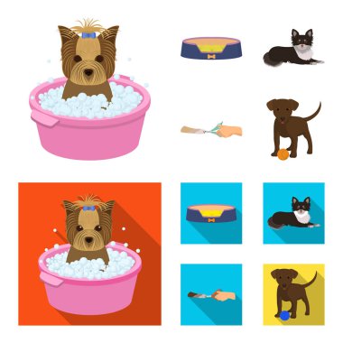 Tembel bir evcil hayvan, pençeleri Veteriner Kliniği, kırpma, köpek yalan, bir top ile köpek yavrusu için. Köpek bakım Veteriner Kliniği ve evde beslenen hayvan, çizgi film, düz stil vektör simge stok çizim web simgeler ayarla.