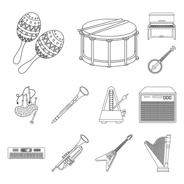 Müzik aleti anahat simgeleri set koleksiyonu tasarım için. Sembol stok web illüstrasyon vektör dize ve Nefesli/Üflemeli Saz.