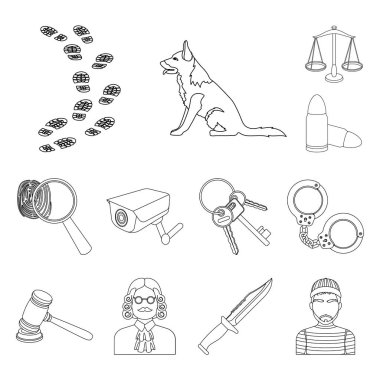 Hapishane ve set koleksiyonu tasarım için criminaloutline simgeler. Hapishane ve öznitelikleri sembol stok web illüstrasyon vektör.
