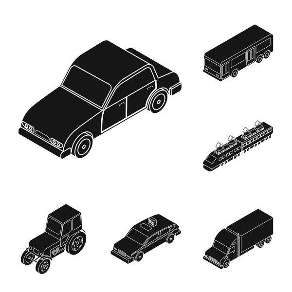 Различные виды транспорта черные иконки в наборе коллекции для дизайна. Иллюстрация на сайте с изометрическими векторными символами автомобилей и кораблей . — стоковый вектор