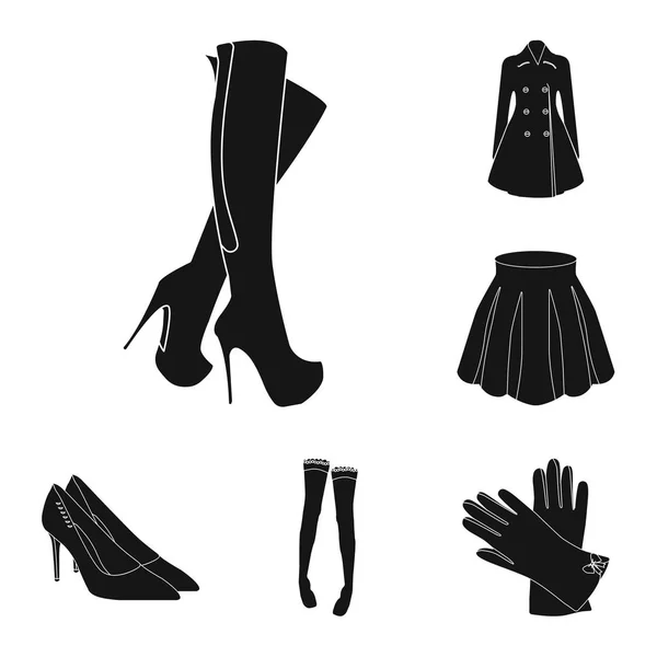 Kadın giyim set koleksiyonu tasarım için siyah simgeler. Sembol stok web illüstrasyon vektör giyim çeşitleri ve aksesuarlar. — Stok Vektör