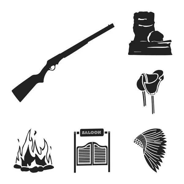 Kenmerken van de wild west zwarte pictogrammen in set collectie voor design. Texas en Amerika vector symbool voorraad web illustratie. — Stockvector
