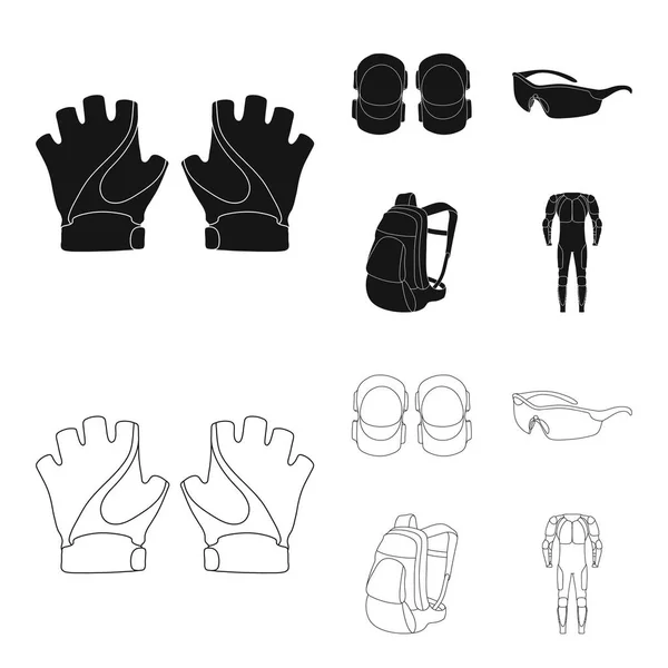 Gants, coudières, lunettes, sac à dos cycliste. Ensemble de vêtements cycliste icônes collection en noir, contour style vectoriel symbole illustration web . — Image vectorielle