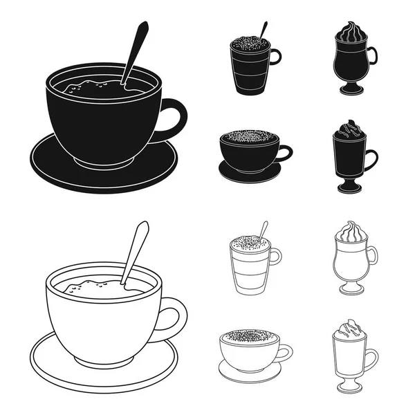 Amerikansk, sena, irländska, cappuccino. Olika typer av kaffe som samling ikoner i svart, disposition stil vektor symbol stock illustration web. — Stock vektor